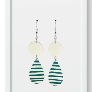 White Circle and Teal and White Teardrop - Handmade Polymer Clay Earrings