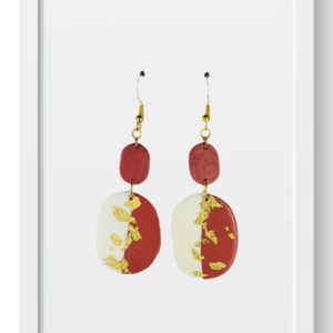 White and Maroon Ovals - Handmade Polymer Clay Earrings