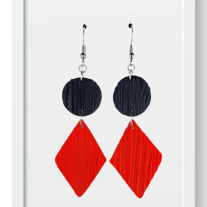 Black Circles with Red Diamond - Handmade Polymer Clay Earrings