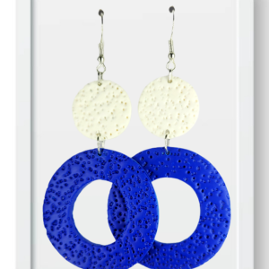 White Circles with Big Blue Ring - Handmade Polymer Clay Earrings