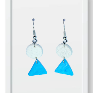 White Circle with Light Blue Triangle - Handmade Polymer Clay Earings