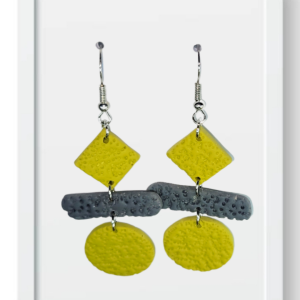 Yellow-green Square Grey Dash and Yellow-green Circle - Handmade Polymer Clay Earings