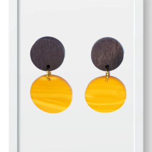 Wood Stud with Orange Marble Circle - Handmade Polymer Clay Earings