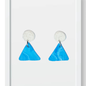 White Circle with Blue Marble Triangle - Handmade Polymer Clay Earings