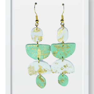 White and Mint Half Circles and Ovals - Handmade Polymer Clay Earrings