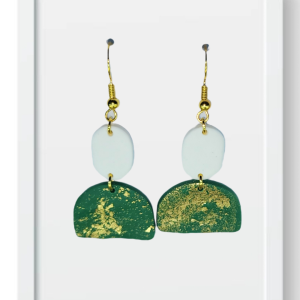 White Oval and Green Half Circles - Handmade Polymer Clay Earrings