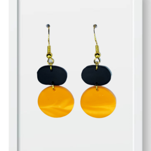 Black Oval and Marble Orange Circles - Handmade Polymer Clay Earrings