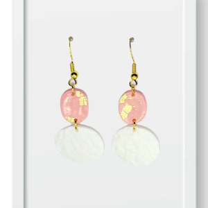 Dusty Pink Oval and White Circles - Handmade Polymer Clay Earrings