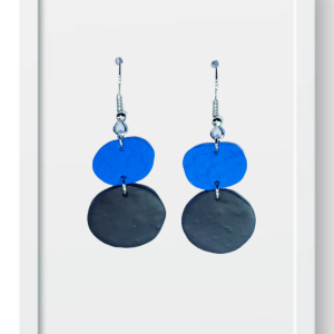 Blue Oval and Black Circles - Handmade Polymer Clay Earrings