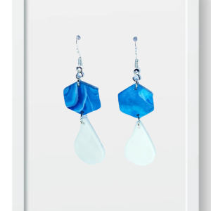 Blue Marble Hexagon and White Teardrop - Handmade Polymer Clay Earrings