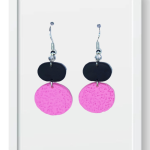 Black Oval and Pink Circle - Handmade Polymer Clay Earrings