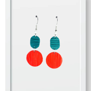 Teal Oval and Red Circles - Handmade Polymer Clay Earrings