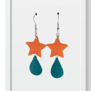 Orange Star and Teal Teardrop - Handmade Polymer Clay Earrings