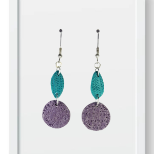 Teal Leaf withe Grey Circles - Handmade Polymer Clay Earrings