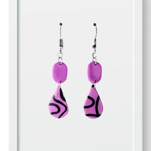 Purple Oval with Purple and Black Teardrop - Handmade Polymer Clay Earrings