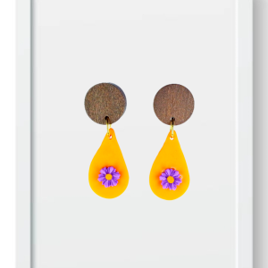 Orange tear drop with purple flower - Handmade Polymer Earrings