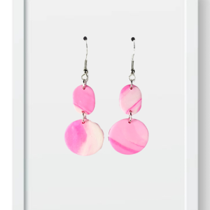 White and Pink Marble Oval and Circle - Handmade Polymer Clay Earrings