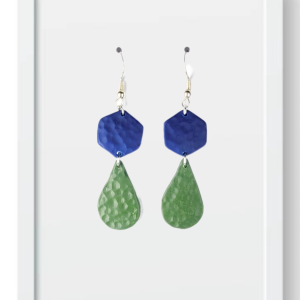 Navy Hexagon with Hunter Green Teardrop - Handmade Polymer Clay Earrings