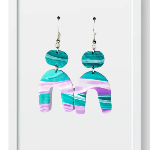 Teal and Purple Marble Oval and Horseshoe - Handmade Polymer Clay Earrings