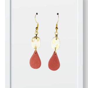 White Oval and Maroon Teardrop - Handmade Polymer Clay Earrings