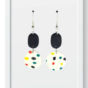 Black Oval and Dotted White Circles - Handmade Polymer Clay Earrings