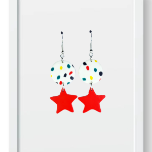 Dotted White Circle with Red Star - Handmade Polymer Clay Earrings