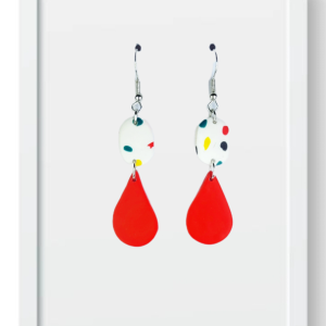White Dotted Oval and Red Teardrop - Handmade Polymer Clay Earrings