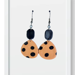 Black Oval with Black Dotted Brown Shape - Handmade Polymer Clay Earrings