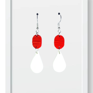 Red Oval and White Teardrop - Handmade Polymer Clay Earrings