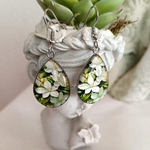 Pure Devotion White Jasmine Tear Drop Glass Dome Earrings