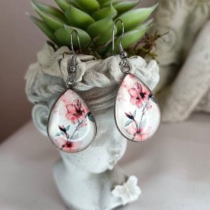 Blossoms of Grace Pink Flower Tear Drop Glass Dome Earrings